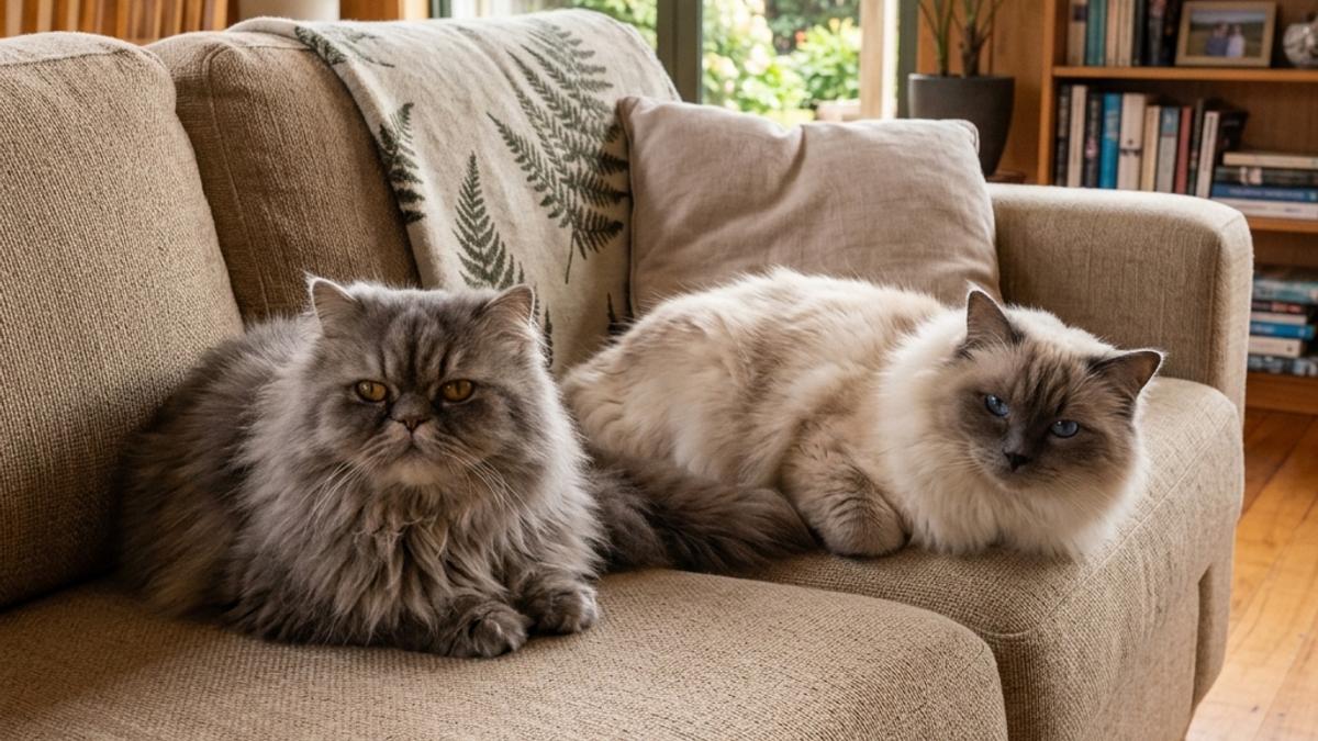 A comparison shot of grey flat-faced Persian cat and fluffy blue-eyed colorpoint Ragdoll cat on sofa