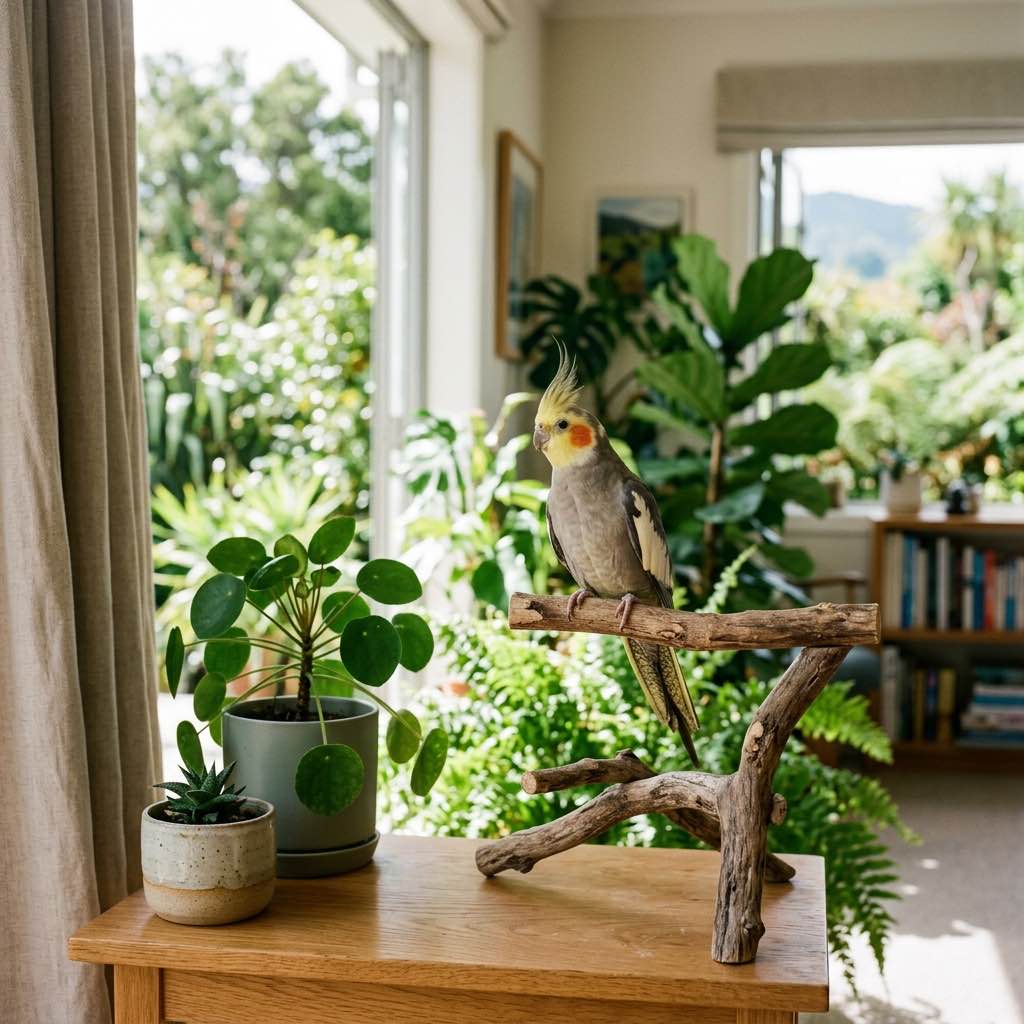 A small pet bird perched on a wooden stand inside a bright New Zealand home