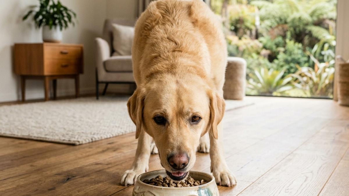 A happy dog eating from a pet bowl in a New Zealand setting, illustrating pet bowl types nz: stainless steel, ceramic, slow feeder, elevated & water fountains compared