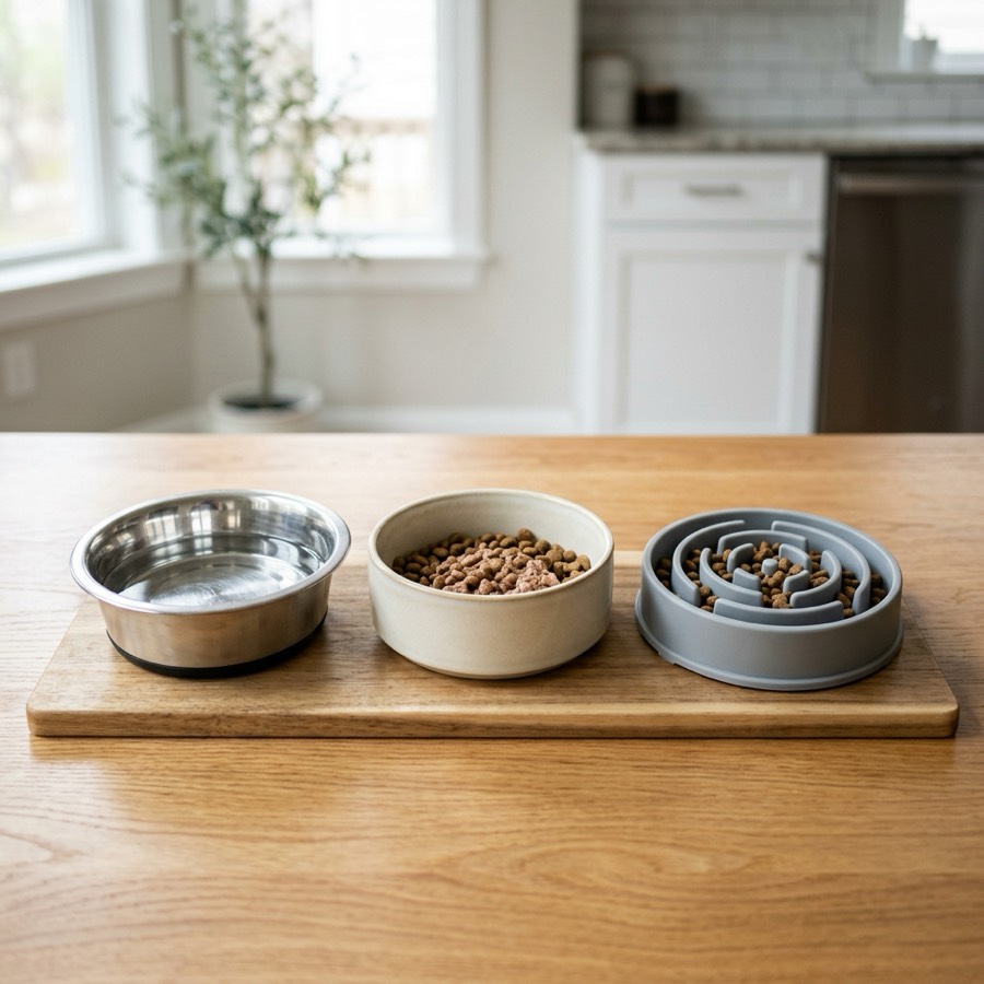 A neat arrangement of high-quality stainless steel, ceramic, and slow-feeder pet bowls