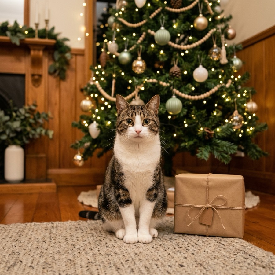 A curious tabby cat sitting next to a wrapped gift in front of a beautifully decorated Christmas tree