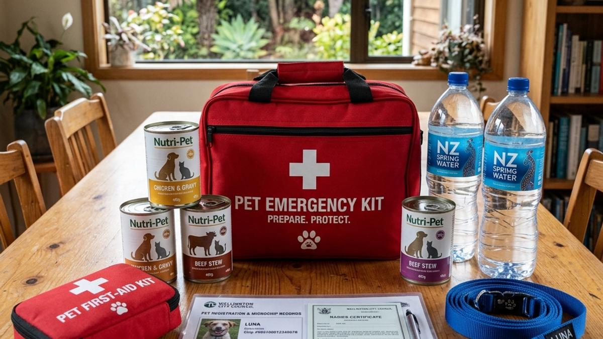 A red pet emergency kit bag surrounded by water bottles, pet food cans, and documents on a wooden table
