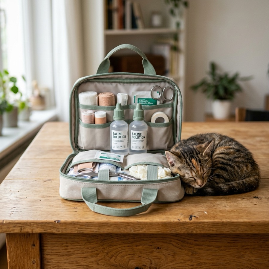 An open fabric pet first aid kit bag containing bandages and saline bottles next to a curled sleeping cat