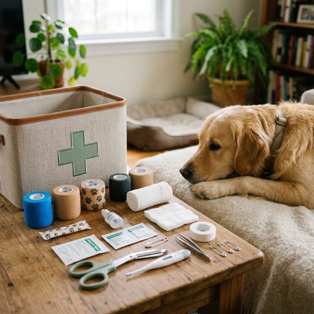A clean organized pet first aid kit laid out neatly next to a resting dog