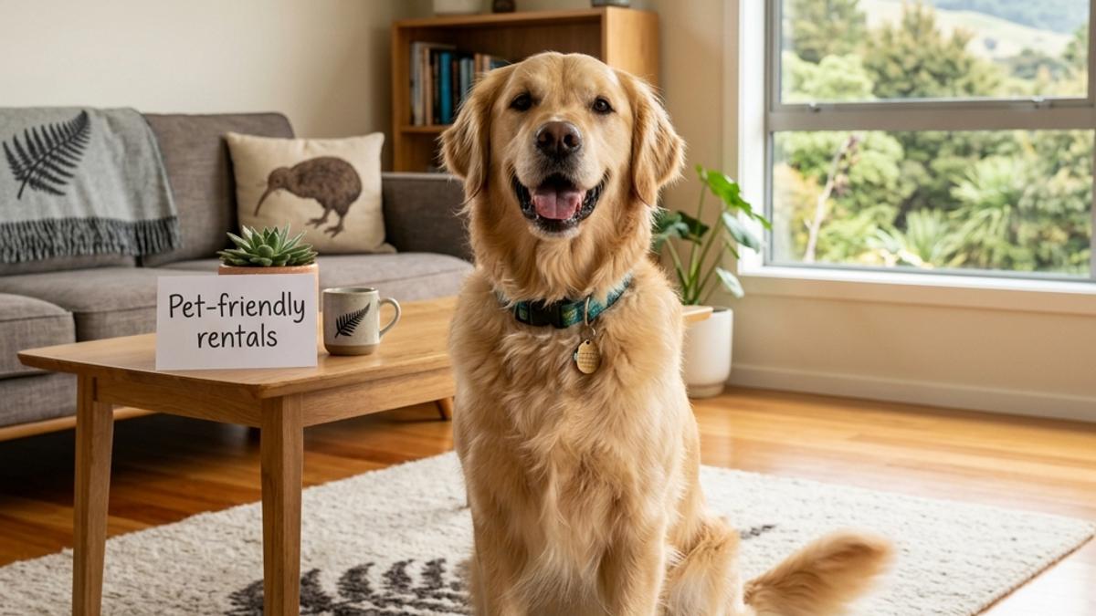 A golden retriever dog sitting on a rug in rental living room next to a pet friendly sign