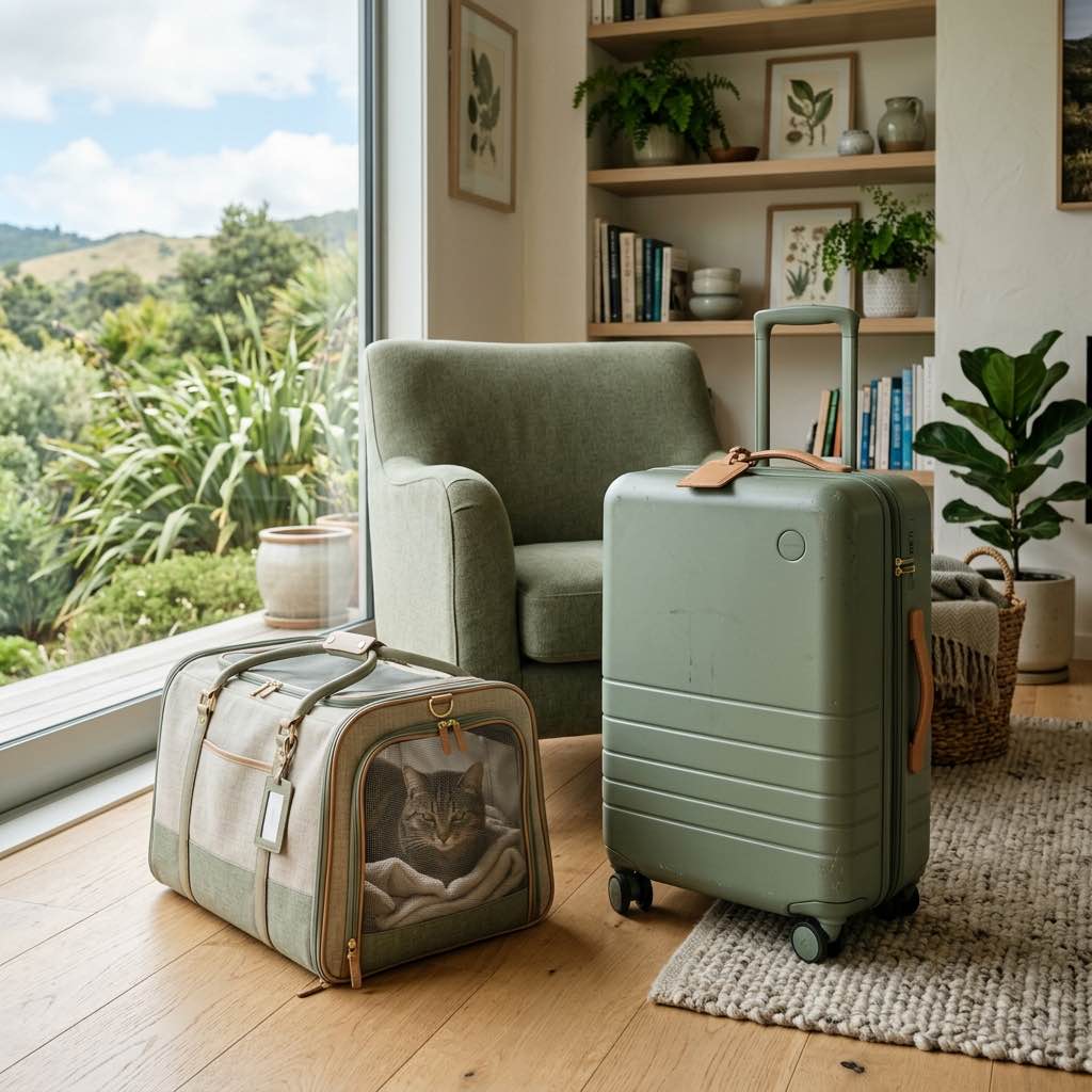 A pet carrier next to a suitcase in a bright modern New Zealand home