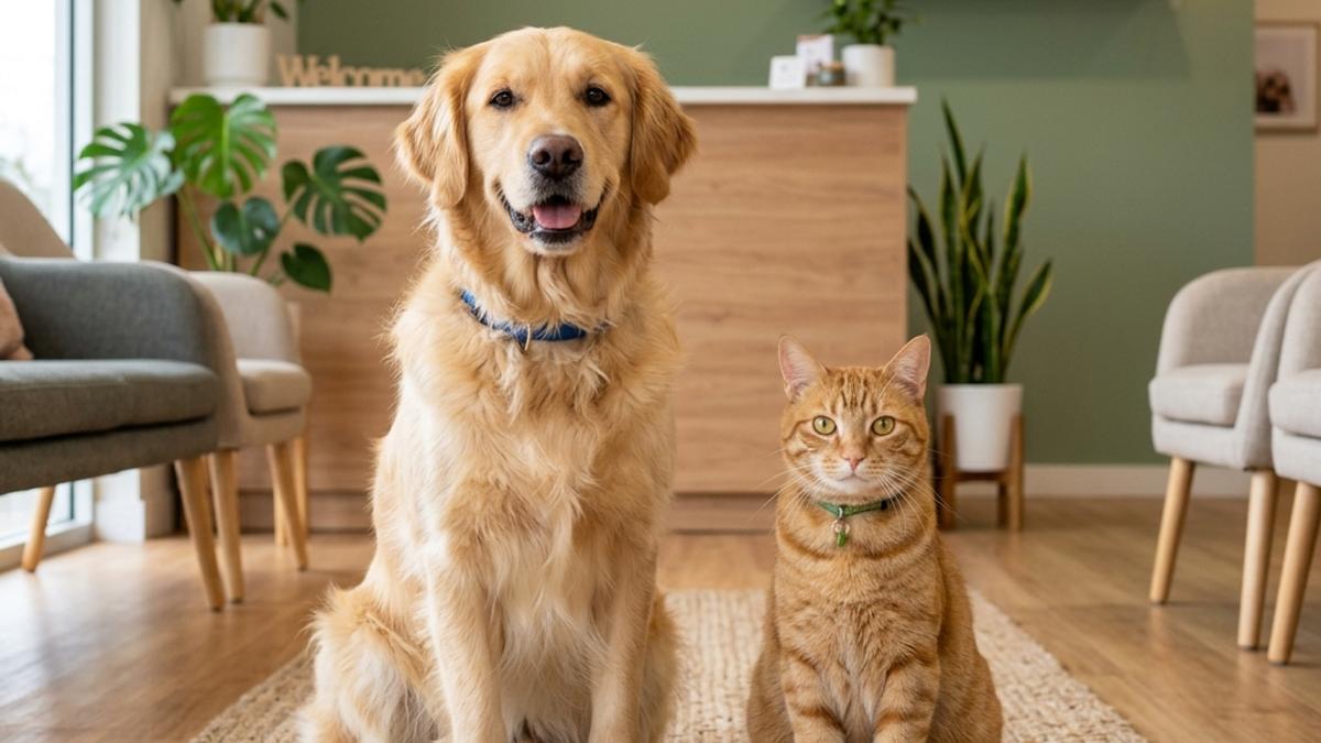 A golden retriever dog and a ginger cat sitting side by side in a modern, welcoming veterinary clinic lobby in New Zealand