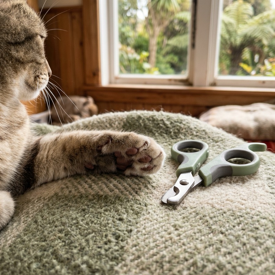 A close-up of a pet's clean paw resting near a pair of pet nail clippers in a cozy home