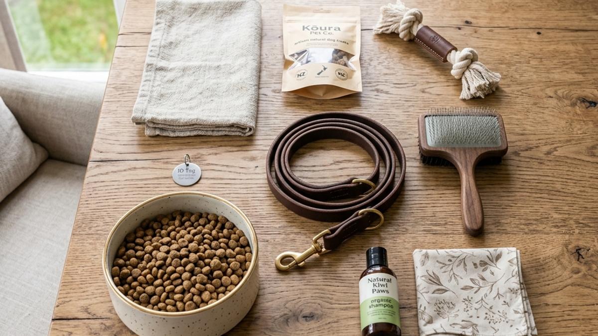 A flatlay style shot of various premium pet supplies arranged neatly on a wooden table