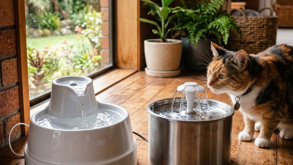 A comparison of white ceramic pet fountain and stainless steel fountain on floor next to a calico cat