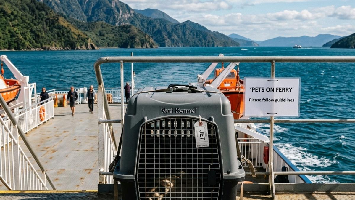 A professional dog travel crate on deck of ferry next to a pets on ferry info card