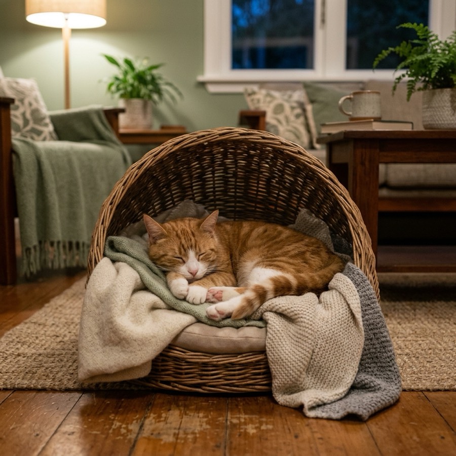 A cozy cat sleeping peacefully inside a secure wicker den setup with blankets in a warm living room