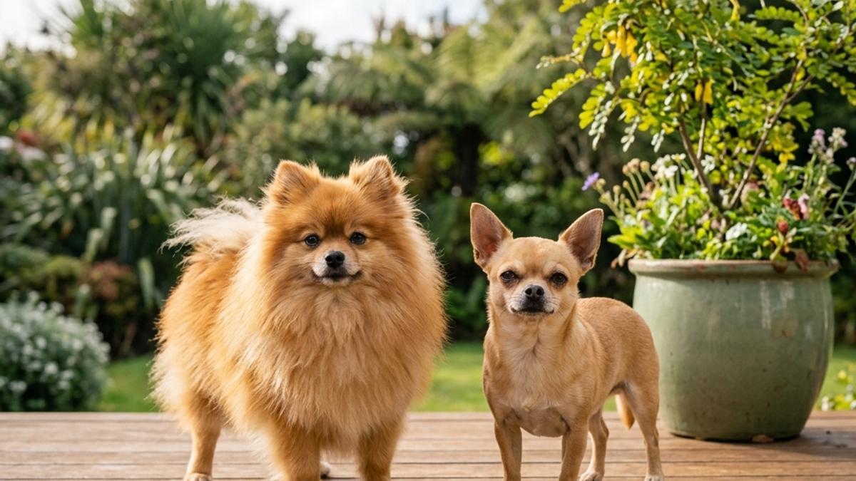 A fluffy Pomeranian and a smooth-coated Chihuahua standing side-by-side on a warm wooden deck in New Zealand