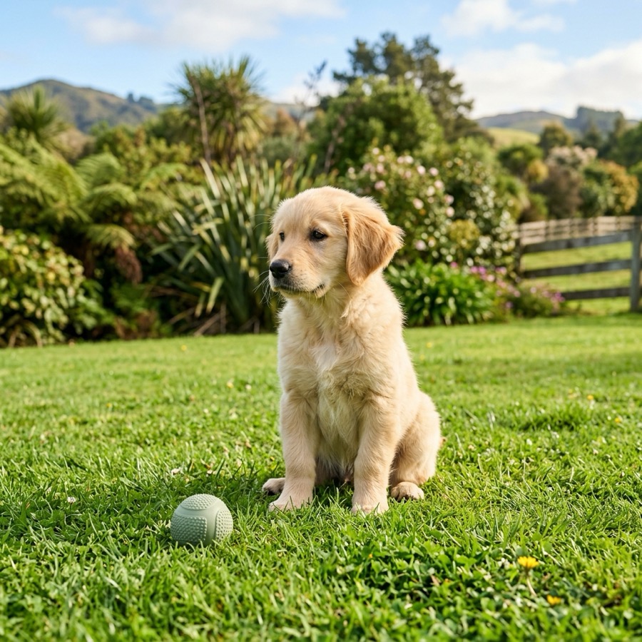 A happy golden retriever puppy sitting on a green lawn in a sunny New Zealand backyard with a toy