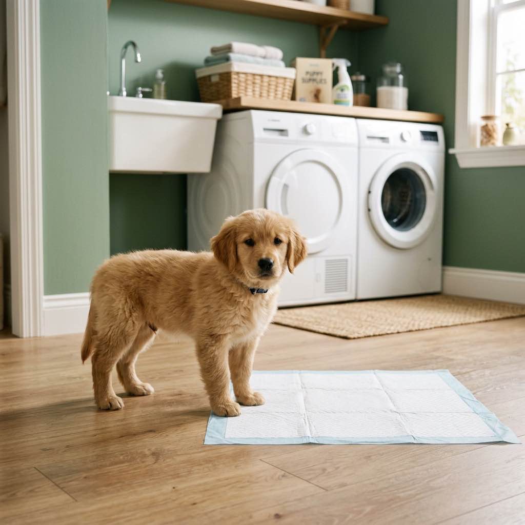 A cute puppy standing next to a clean fresh puppy pad in a bright utility room