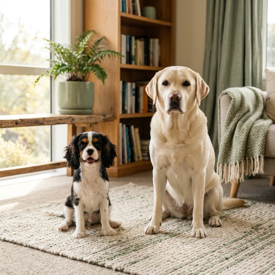 A playful puppy and a calm adult golden retriever sitting together on a green lawn in a New Zealand garden