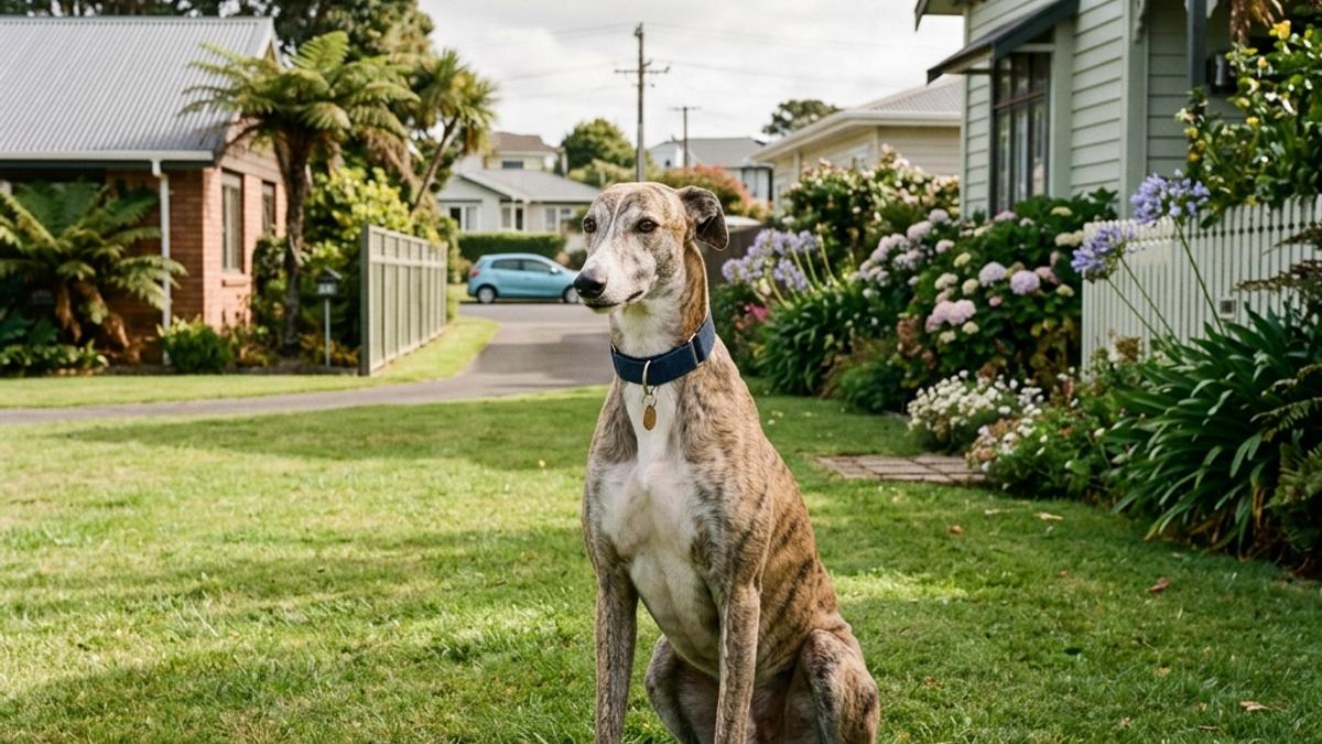 A calm greyhound sitting quietly on a green lawn in a suburban New Zealand neighborhood