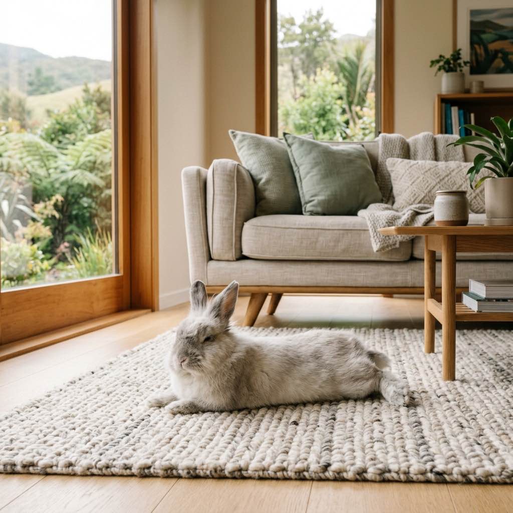 A fluffy pet rabbit relaxing comfortably on a rug in a bright New Zealand living room