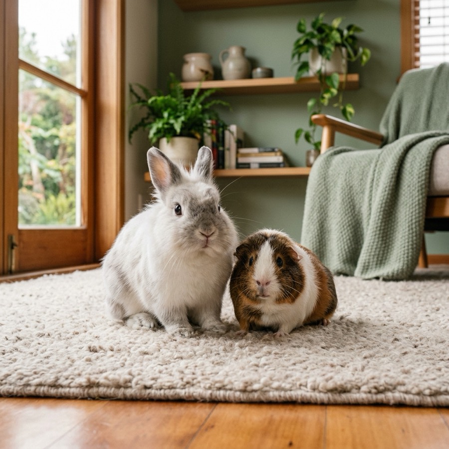 A grey rabbit and a three-colored guinea pig sitting companionably on a cozy rug in a New Zealand home