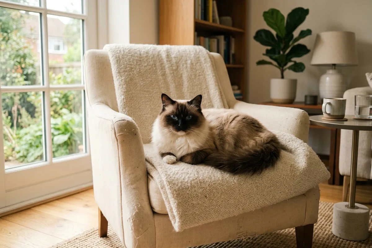 A beautiful seal point Ragdoll cat with sapphire blue eyes relaxing gracefully on a cream armchair in a warm sunlit living room