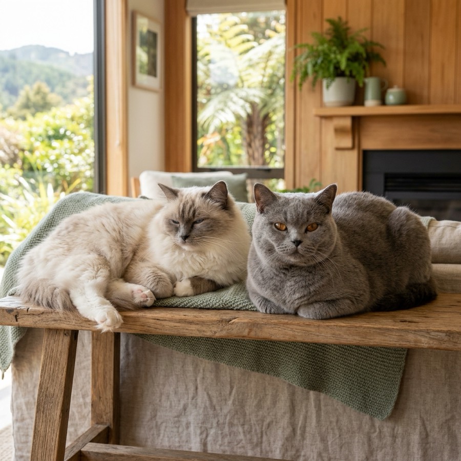 A fluffy Ragdoll and a blue British Shorthair cat resting peacefully on a wooden bench in a cozy home
