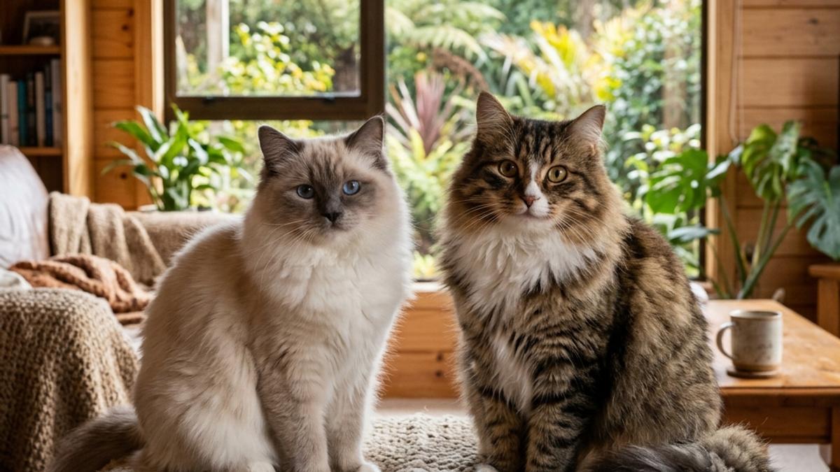 A fluffy blue-eyed Ragdoll cat and a thick-coated Siberian cat sitting together on a cushion