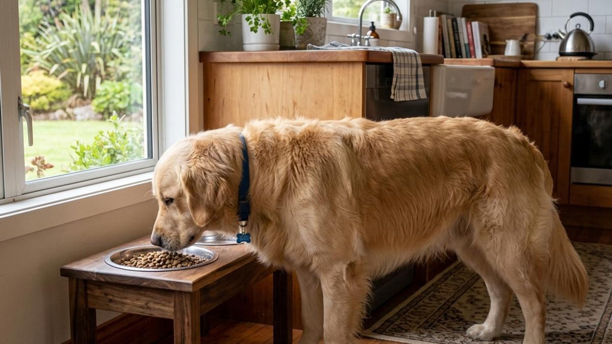 A golden retriever eating from an elevated double stainless steel bowl on a wooden stand in a clean New Zealand kitchen