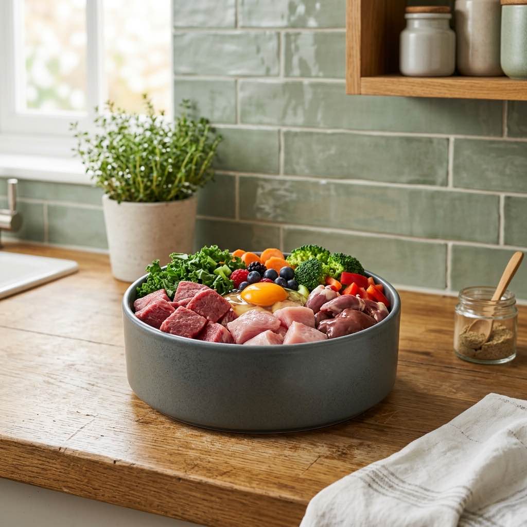 A clean modern dog bowl filled with high-quality raw meat chunks and fresh vegetables