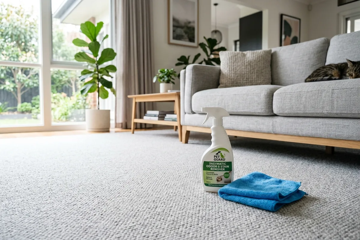 A pet stain and odour enzymatic cleaner spray bottle with a microfibre cloth on a clean living room carpet near a sofa