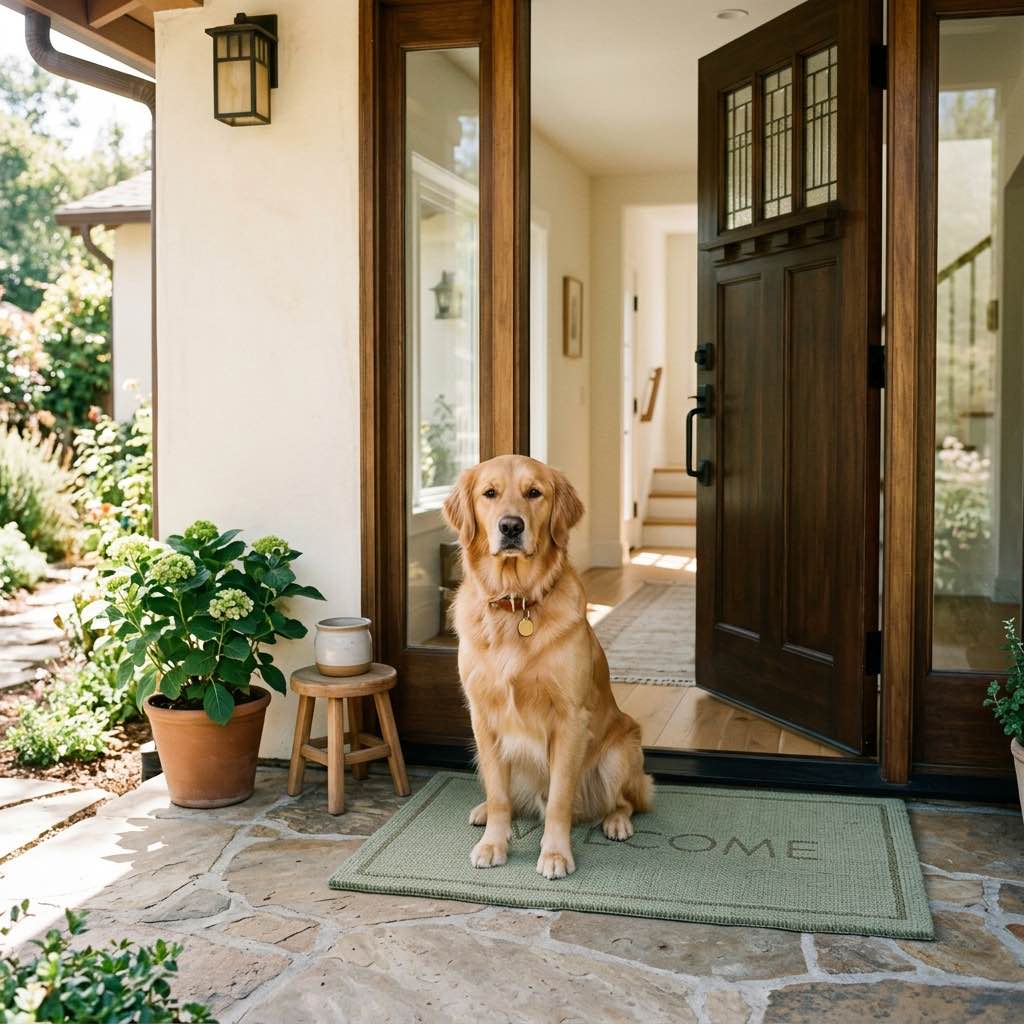 A well-behaved dog sitting patiently by an open front door of a bright clean rental home