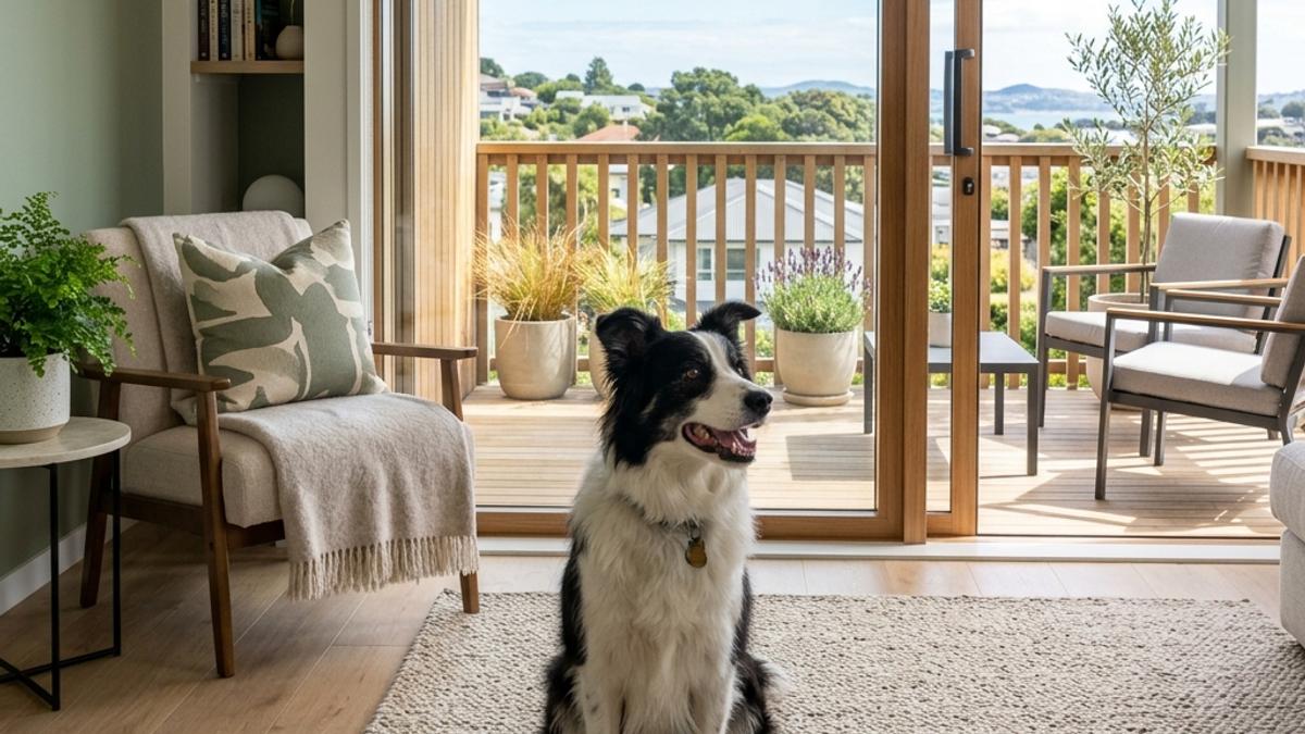 A happy border collie cross dog sitting in a clean apartment living room looking out of a sliding glass door onto a sunny balcony