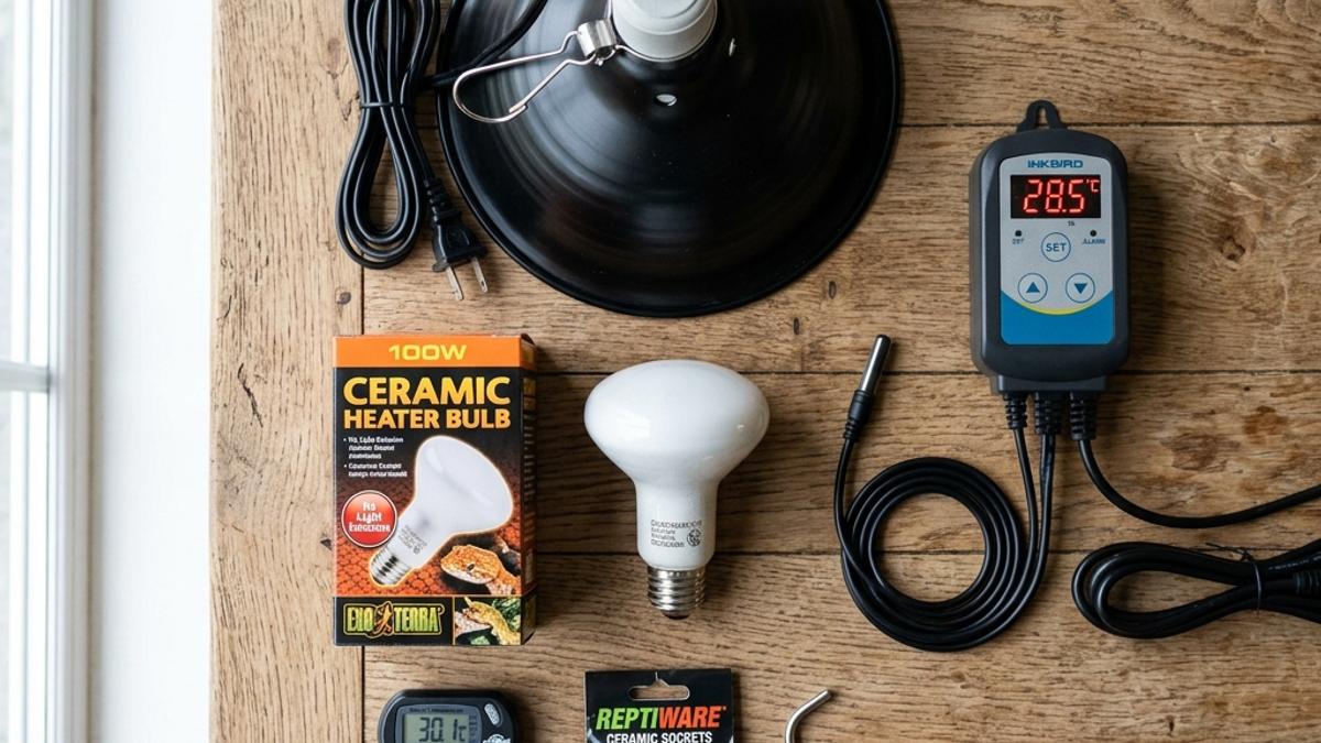A flatlay shot of premium reptile heating basking dome lamp, ceramic heater bulb, sockets, and thermostat