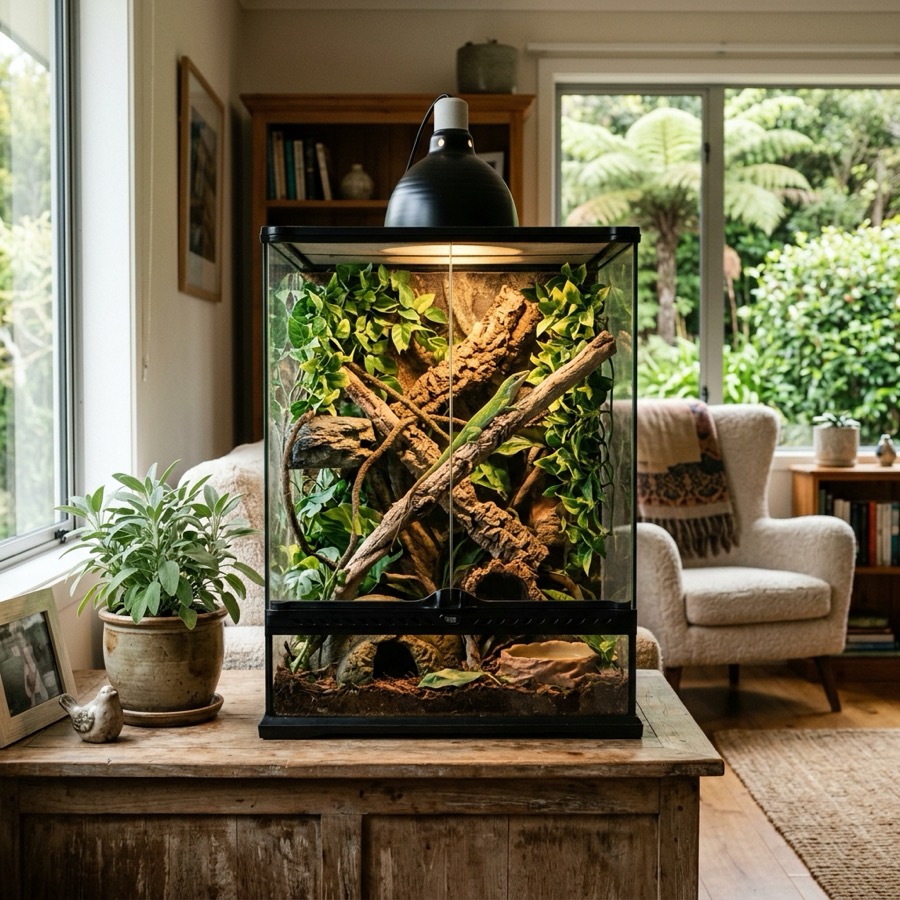 A modern, well-decorated reptile terrarium enclosure with branches and warm lighting in a Kiwi living room