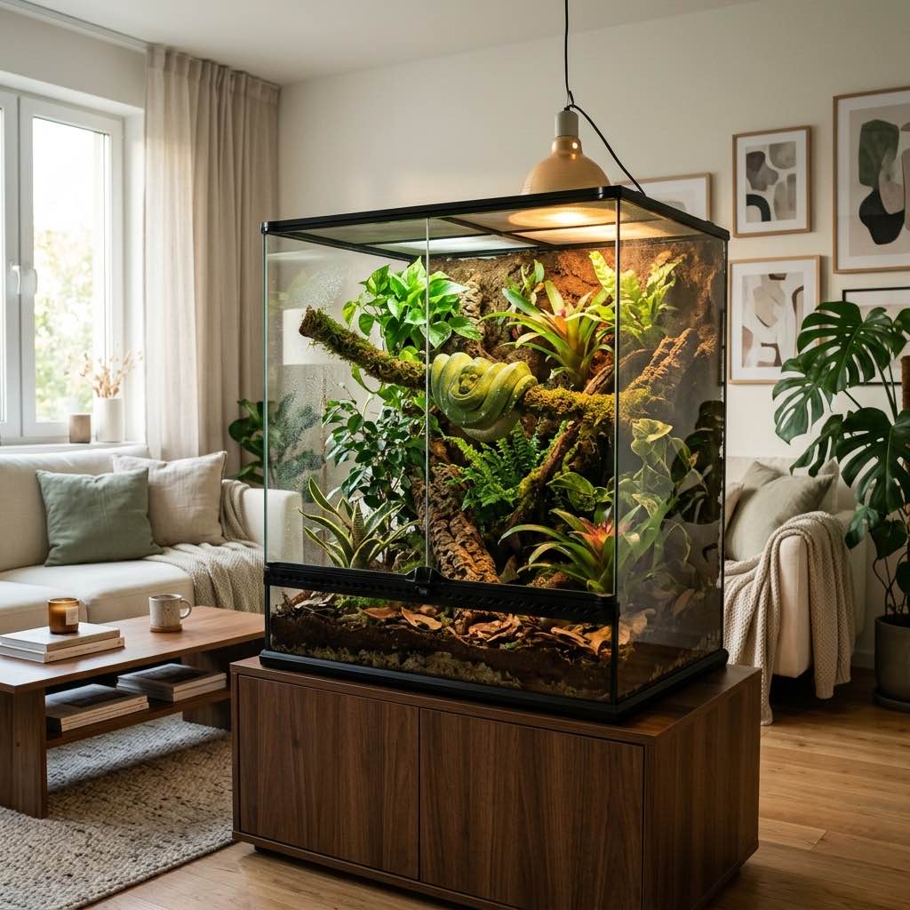 A beautiful reptile terrarium setup in a modern living room