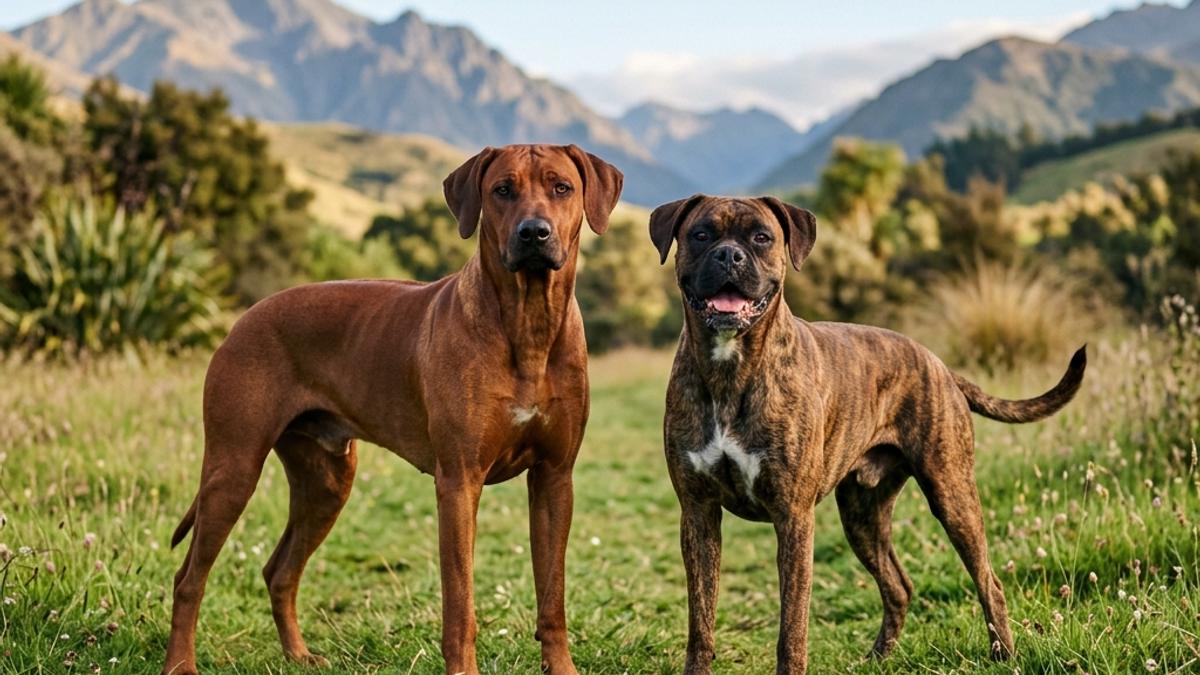 A muscular Rhodesian Ridgeback dog and a happy brindle Boxer dog standing side-by-side in a grassy field in New Zealand