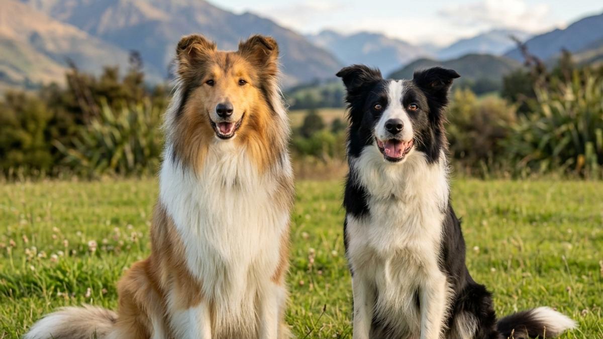 A happy Rough Collie and a Border Collie side by side in a New Zealand grassy lawn