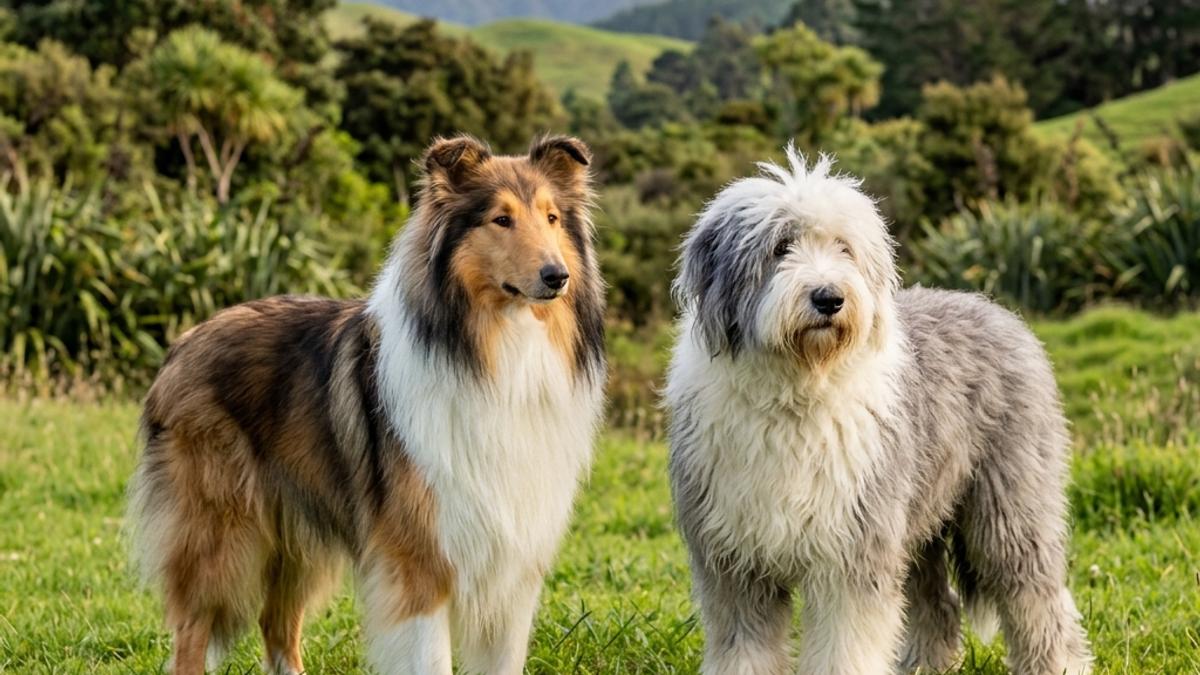 A long-haired sable Rough Collie and a shaggy grey-and-white Old English Sheepdog standing side-by-side in a beautiful green grassy park in New Zealand