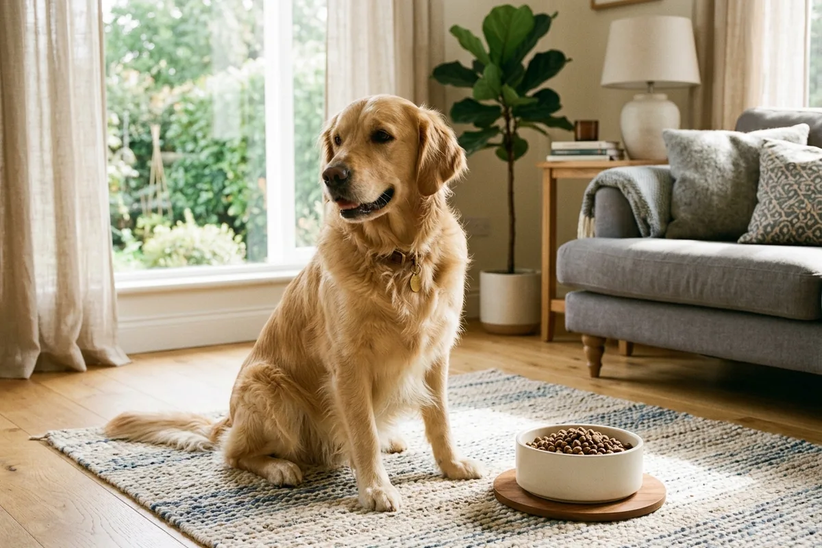 A healthy adult golden dog sitting contentedly beside a ceramic feeding bowl filled with nutritious dry dog food kibble indoors