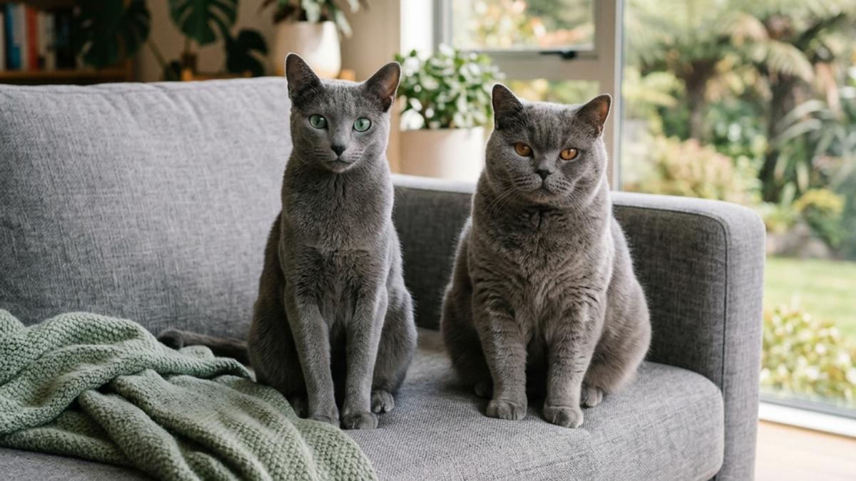 A sleek Russian Blue cat and a chunky grey British Shorthair cat sitting side-by-side on a modern grey couch in a bright New Zealand room