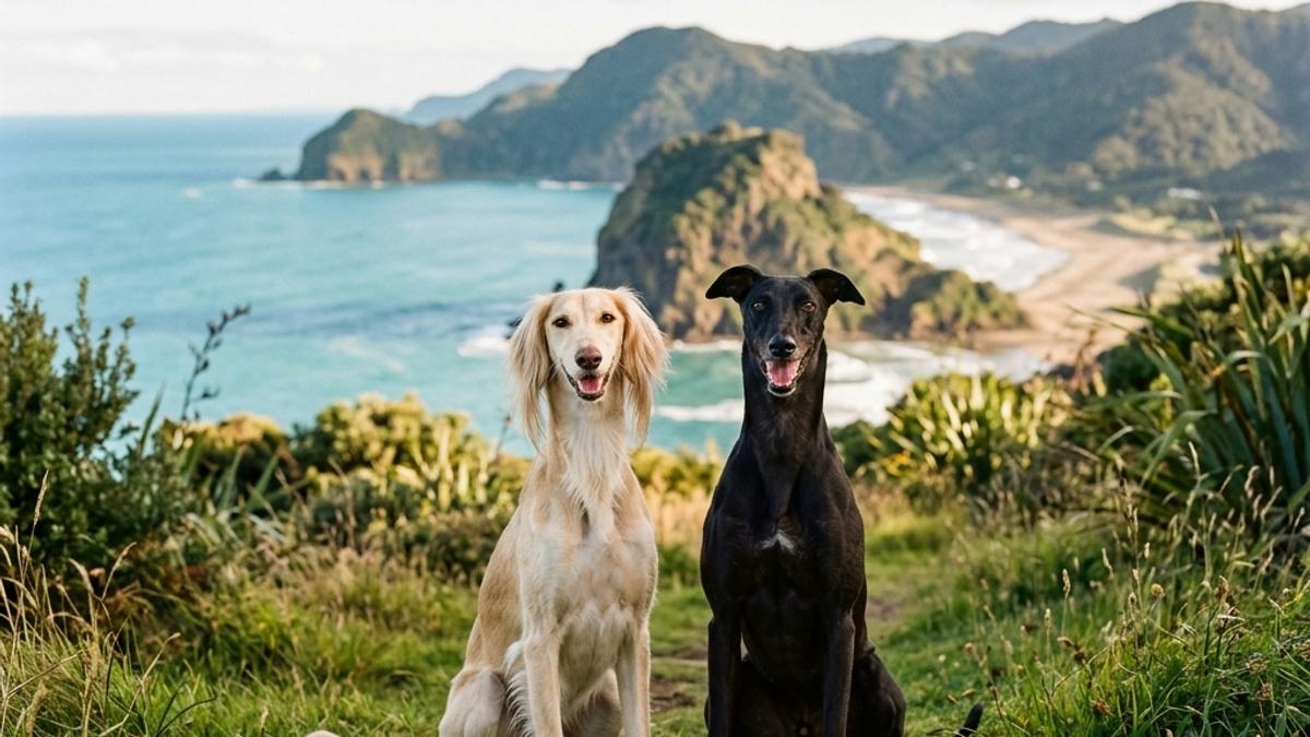 A happy Saluki dog and a Greyhound side by side in a New Zealand coastal hills setting