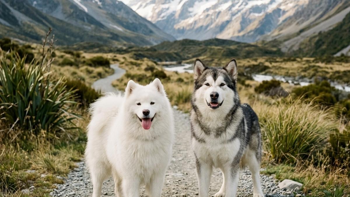 A happy fluffy white Samoyed dog and a strong grey-and-white Alaskan Malamute dog standing side-by-side on a scenic New Zealand outdoor gravel path