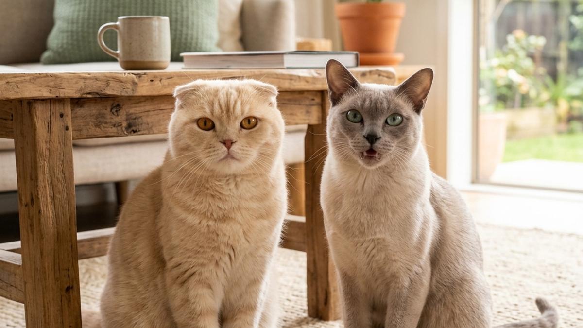 A happy Scottish Fold cat and a Tonkinese cat sitting side-by-side in a cozy, bright New Zealand living room