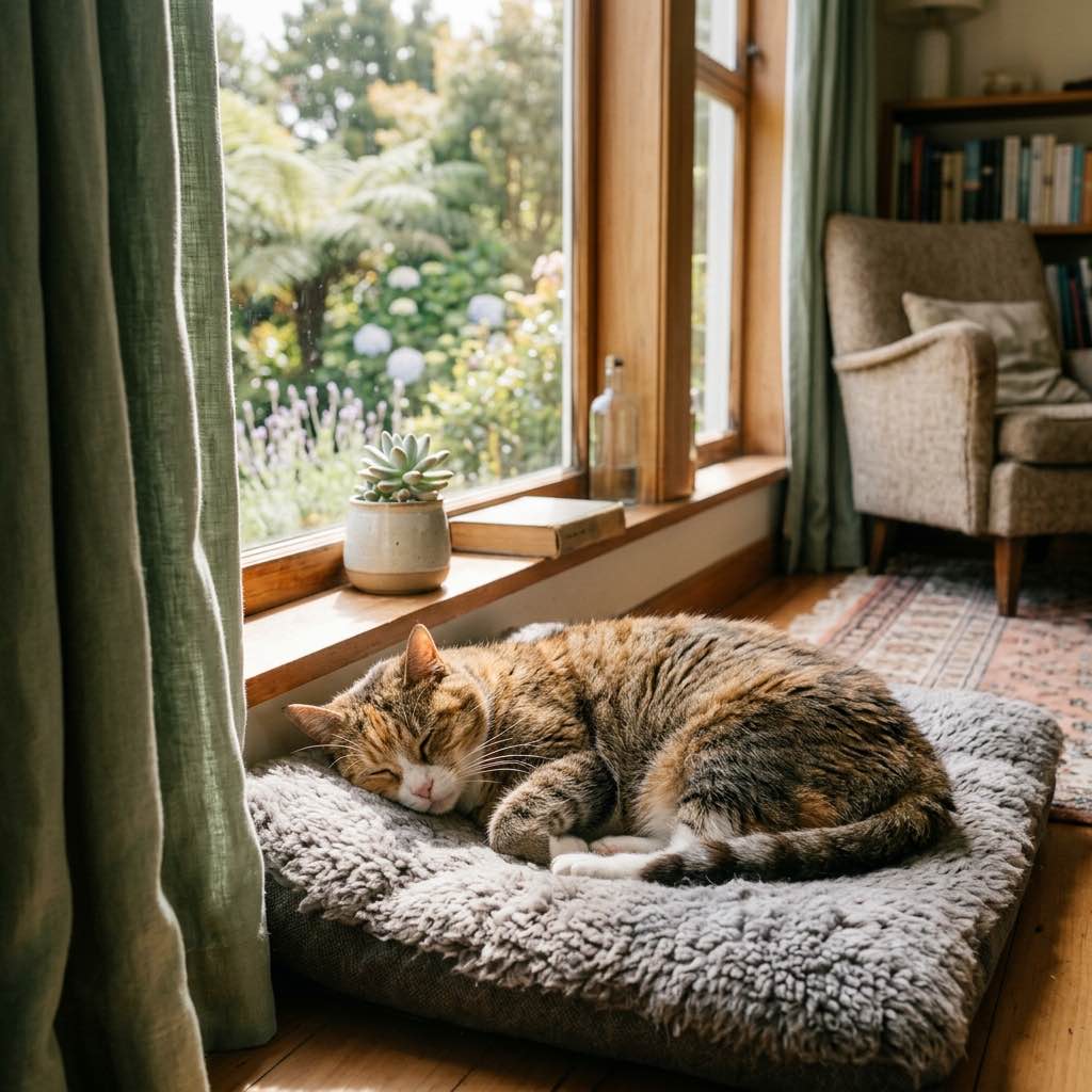 A beautiful older senior cat sleeping peacefully on a soft bed by a window