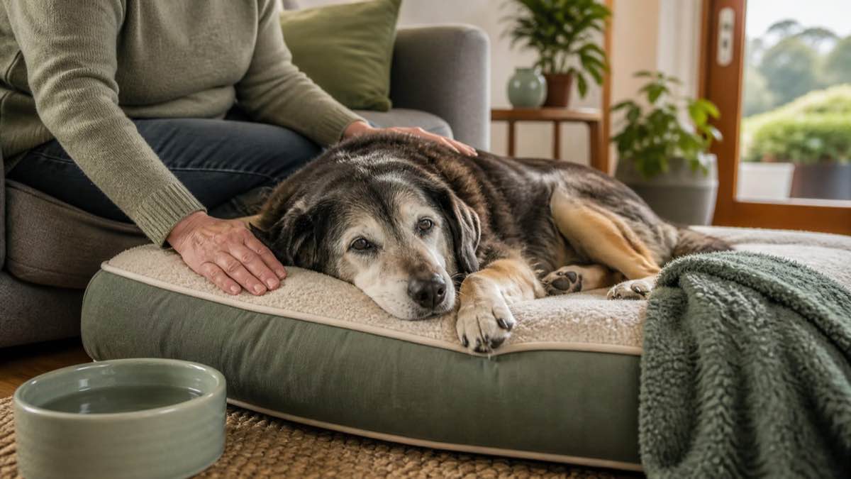 A senior dog resting comfortably on a supportive bed with their owner nearby