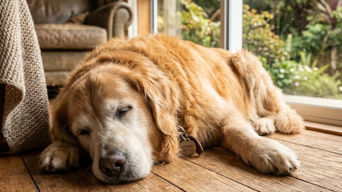 An elderly golden retriever resting peacefully on a warm sunlit wooden floor in a cozy New Zealand home