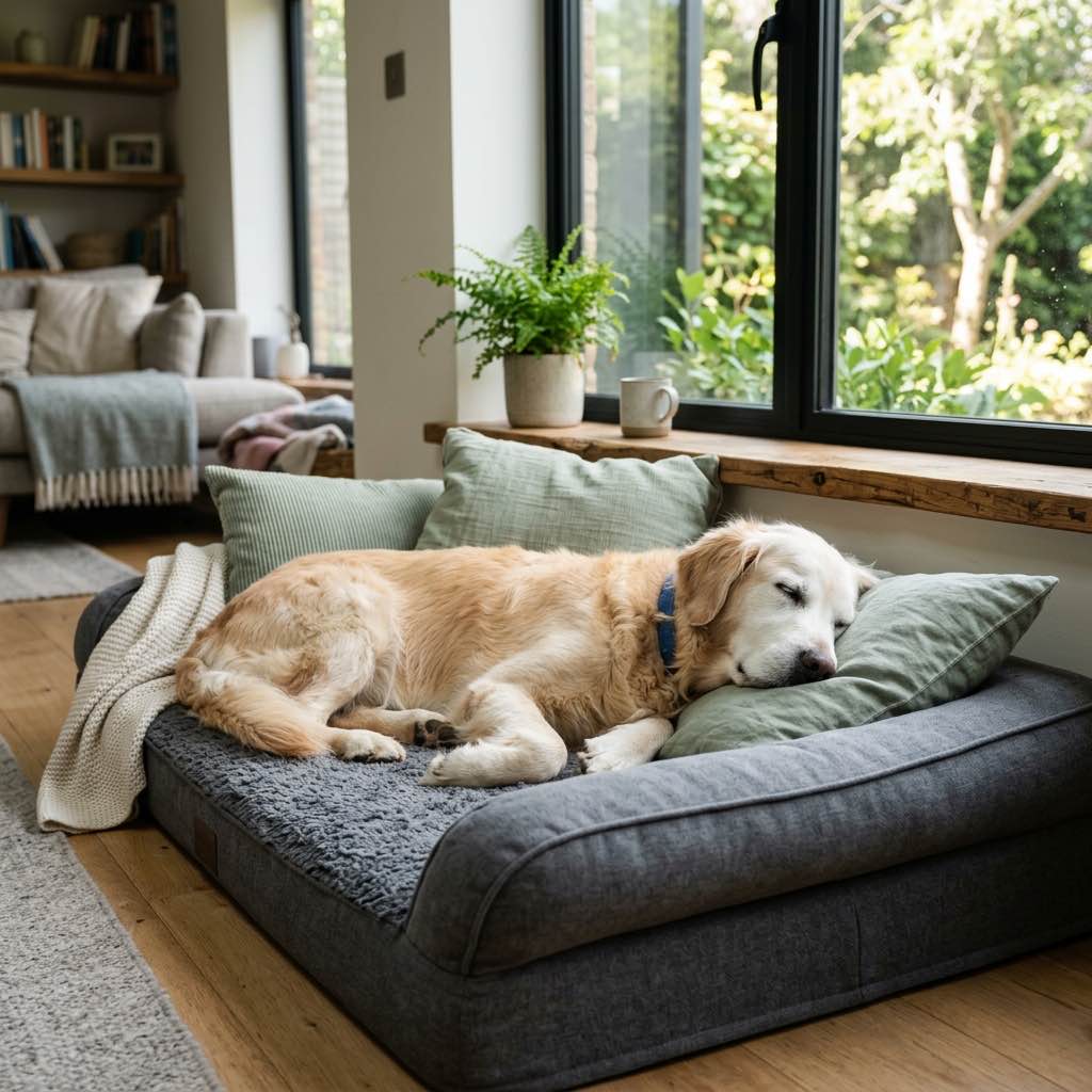 A beautiful older senior dog resting peacefully on a thick orthopedic bed by a sunny window