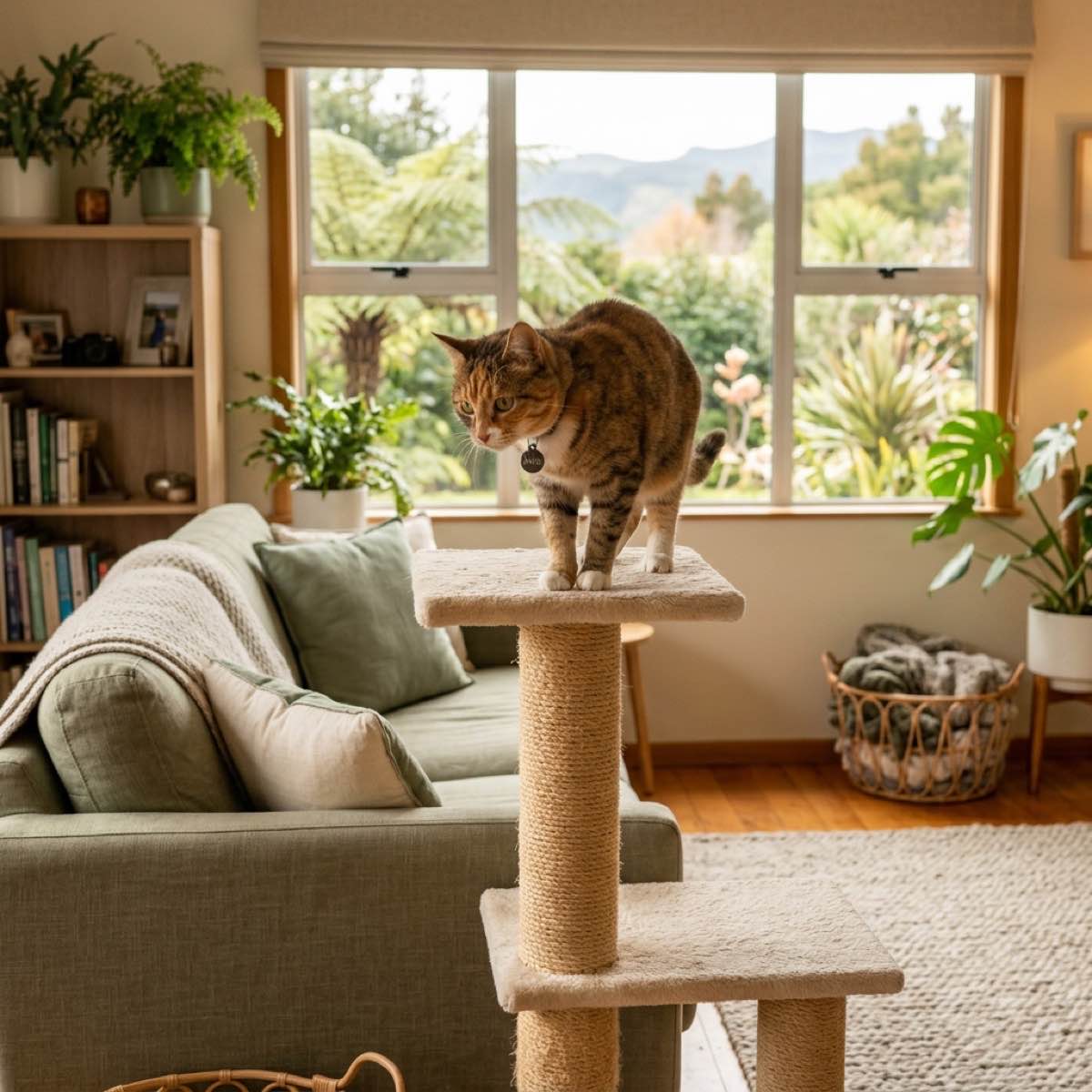 A rescue cat cautiously exploring a safe room from a scratching post in a New Zealand home