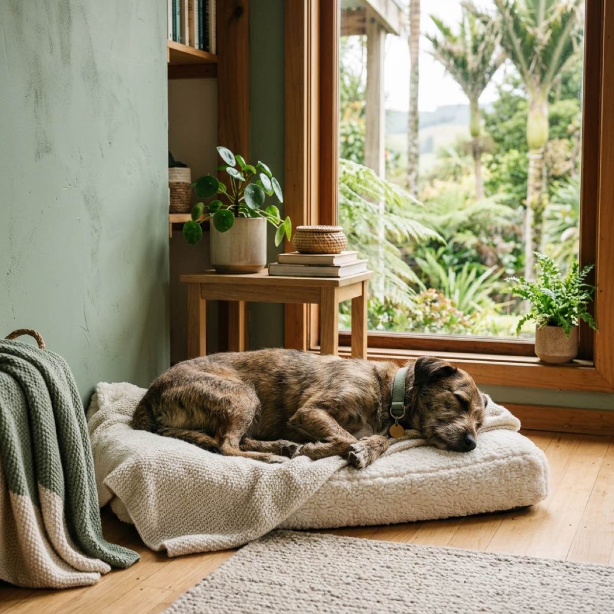 A rescue dog resting comfortably on a soft bed in a quiet corner of a New Zealand home