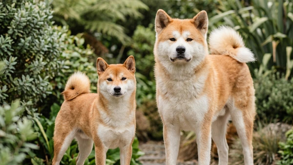 A red-and-white Shiba Inu dog and a larger red-and-white Akita dog standing side-by-side on a warm wooden deck in a New Zealand garden