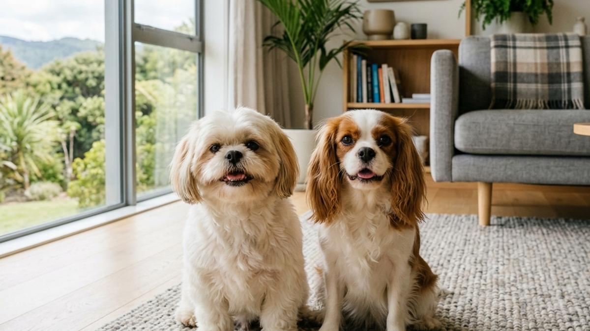 A happy Shih Tzu and a Cavalier King Charles Spaniel sitting side-by-side on a cozy rug in a bright, modern New Zealand living room
